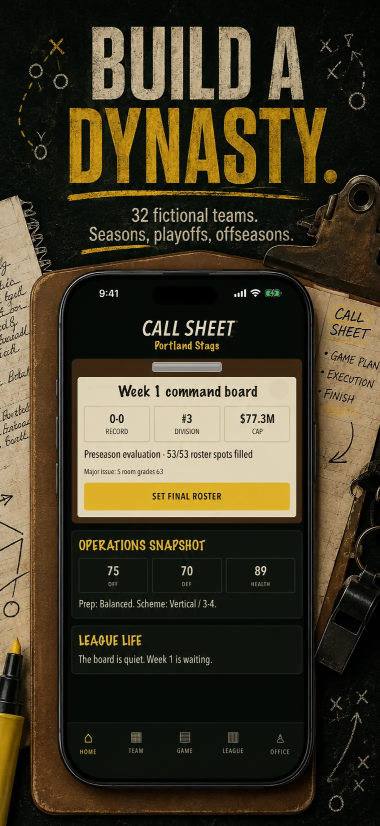 CALL SHEET franchise hub showing opponent, record, cap space, health, and weekly action