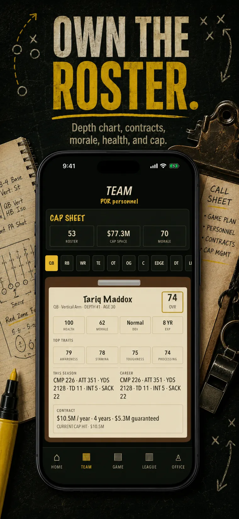 CALL SHEET roster screenshot with depth chart, contract, morale, and player details