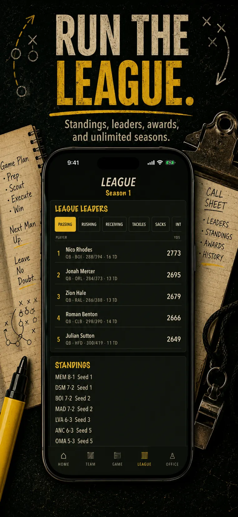 CALL SHEET league screen with standings and leaders